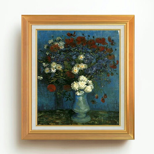 【油絵 直筆仕上げ】ゴッホ ヤグルマギクとヒナゲシのある花瓶 F10 【アップグレード額】 絵画 販売 10号 油彩 静物画 677&times;603mm 複製画 送料無料 プレゼント ギフト 開店祝い 開業祝い 退職祝い 新築祝い リビング 玄関 モダン アートフレーム 壁掛け｜絵画販売アートレスト