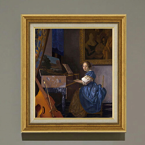 【油絵 直筆仕上げ】フェルメール ヴァージナルの前に座る女 F10 【アップグレード額】 絵画 販売 10号 油彩 人物画 681×607mm 複製画 送料無料 プレゼント ギフト 開店祝い 開業祝い 退職祝い 新築祝い リビング 玄関 モダン アートフレーム 壁掛け