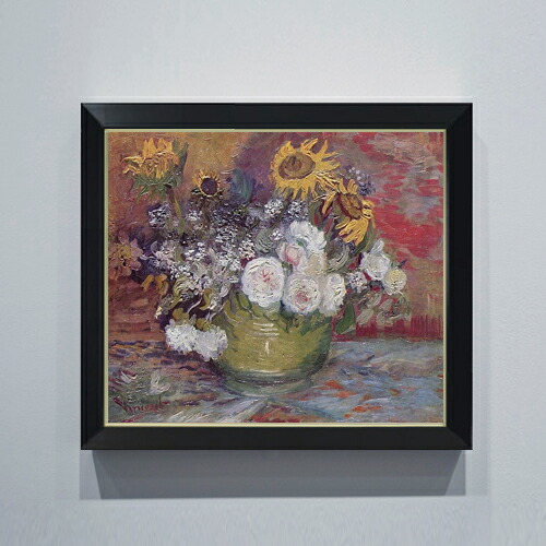 【油絵 直筆仕上げ】ゴッホ ひまわり、バラその他の花々のある器 F10 【シンプルフレーム】 絵画 販売 10号 油彩 静物画 560×485mm 複製画 送料無料 プレゼント ギフト 開店祝い 開業祝い 退職祝い 新築祝い リビング 玄関 モダン アートフレーム 壁掛け 30,875円