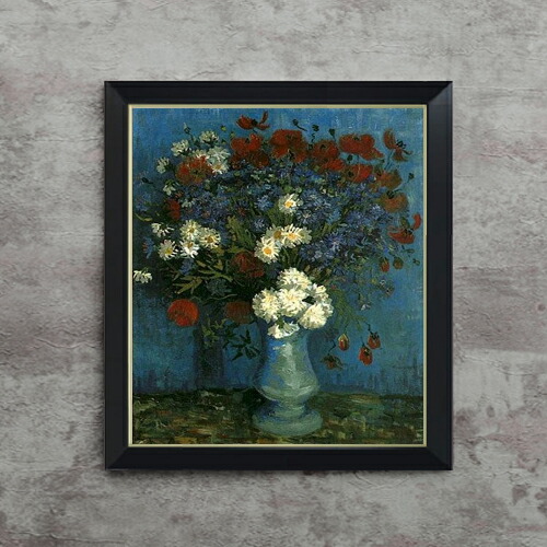 【油絵 直筆仕上げ】ゴッホ ヤグルマギクとヒナゲシのある花瓶 F10 【シンプルフレーム】 絵画 販売 10号 油彩 静物画 560×485mm 複製画 送料無料 プレゼント ギフト 開店祝い 開業祝い 退職祝い 新築祝い リビング 玄関 モダン アートフレーム 壁掛け|絵画販売アートレスト
