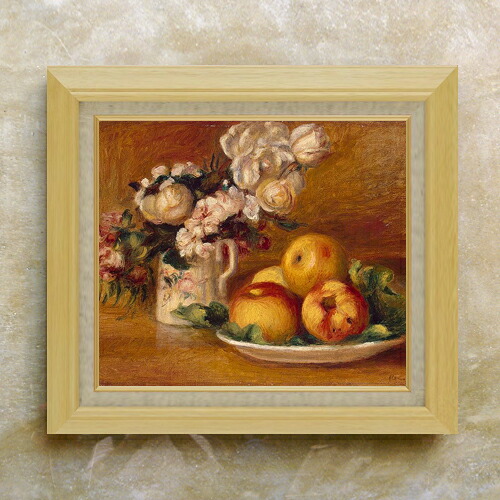 【油絵 直筆仕上げ】ルノワール リンゴと花 F10 【額入り】 絵画 販売 10号 油彩 静物画 675&times;601mm 複製画 送料無料 プレゼント ギフト 開店祝い 開業祝い 退職祝い 新築祝い リビング 玄関 モダン アートフレーム 壁掛け｜絵画販売アートレスト