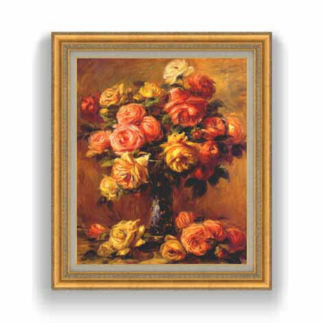 【油絵 直筆仕上げ】ルノワール バラの花瓶(2) F12 【油彩 国内生産 インテリア】絵画 販売 12号 静物画 ゴールド額縁 754&times;648mm 複製画 送料無料 プレゼント ギフト 開店祝い 開業祝い 退職祝い 新築祝い リビング 玄関 モダン 壁掛け｜絵画販売アートレスト