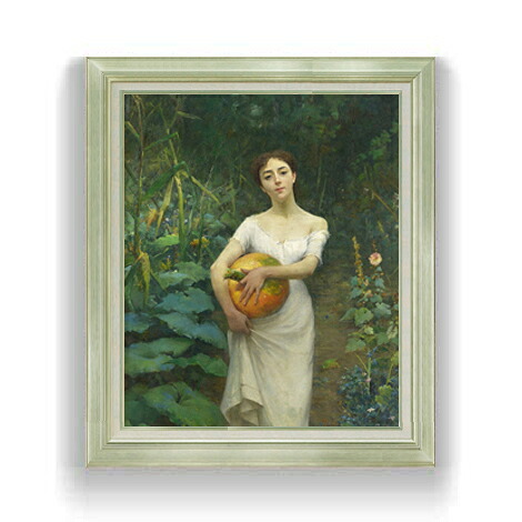 【油絵 直筆仕上げ】ファウストゾナロ Young Girl Carrying a Pumpkin F12 【アップグレード額縁】絵画 販売 12号 人物画 額縁 736&times;630mm 複製画 送料無料 プレゼント ギフト 開店祝い 開業祝い 退職祝い 新築祝い リビング 壁掛け｜絵画販売アートレスト