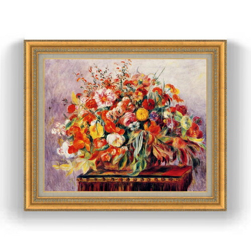 【油絵 直筆仕上げ】ルノワール バスケットの花々 F15 【油彩 国内生産 インテリア】絵画 販売 15号 静物画 ゴールド額縁 800×678mm 複製画 送料無料 プレゼント ギフト 開店祝い 開業祝い 退職祝い 新築祝い リビング 玄関 モダン 壁掛け