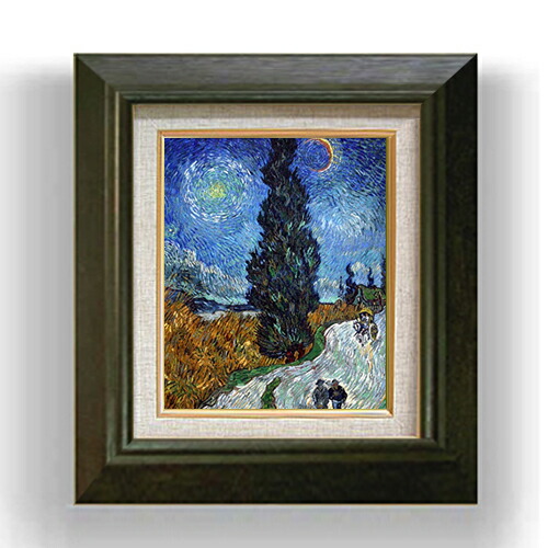 【油絵 直筆仕上げ】ゴッホ 糸杉と星の見える道 F3 【額入り】 絵画 販売3号 油彩 風景画 420×368mm 複製画 送料無料 プレゼント ギフト 開店祝い 開業祝い 退職祝い 新築祝い リビング 玄関 モダン アートフレーム 壁掛け