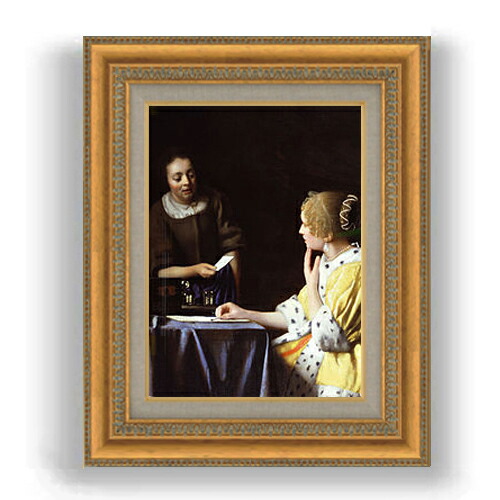 【油絵 直筆仕上げ】フェルメール 婦人と召使 F4 【額入り】 絵画 販売 4号 油彩 人物画 485&times;395mm 複製画 送料無料 プレゼント ギフト 開店祝い 開業祝い 退職祝い 新築祝い リビング 玄関 モダン 壁掛け｜絵画販売アートレスト