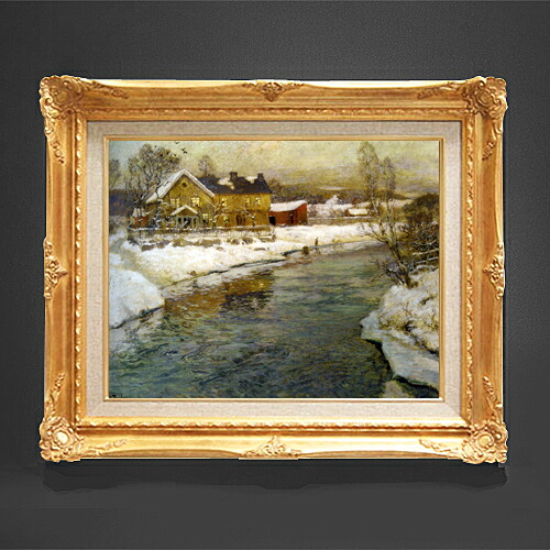 【油絵 直筆仕上げ】フリット・タヴロー 雪の中の運河コテージ F6 【アップグレード額縁】 絵画 販売 6号 油彩 風景画 552&times;461mm 複製画 送料無料 プレゼント ギフト 開店祝い 開業祝い 退職祝い 新築祝い リビング 玄関 アートフレーム 壁掛け｜絵画販売アートレスト