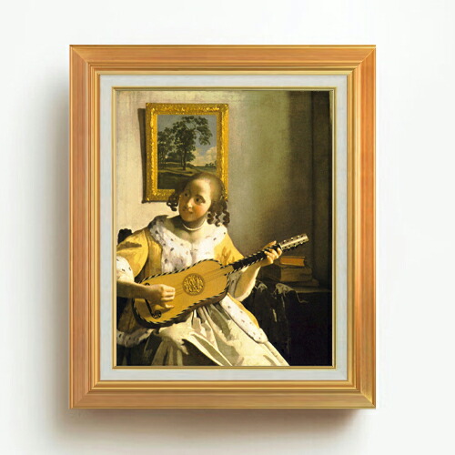 【油絵 直筆仕上げ】フェルメール ギターを弾く女 F6 【アップグレード額】 絵画 販売 6号 油彩 人物画 558×467mm 複製画 送料無料 プレゼント ギフト 開店祝い 開業祝い 退職祝い 新築祝い リビング 玄関 モダン アートフレーム 壁掛け