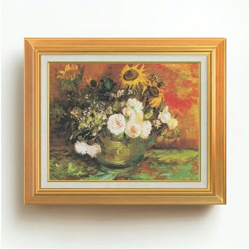 【油絵 直筆仕上げ】ゴッホ ひまわり、バラその他の花々のある器 F6 【アップグレード額】 絵画 販売 6号 油彩 静物画 558×467mm 複製画 送料無料 プレゼント ギフト 開店祝い 開業祝い 退職祝い 新築祝い リビング 玄関 モダン アートフレーム 壁掛け
