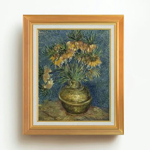 【油絵 直筆仕上げ】ゴッホ 銅の花瓶のアミガサユリ F6 【アップグレード額】 絵画 販売 6号 油彩 静物画 558×467mm 複製画 送料無料 プレゼント ギフト 開店祝い 開業祝い 退職祝い 新築祝い リビング 玄関 モダン アートフレーム 壁掛け