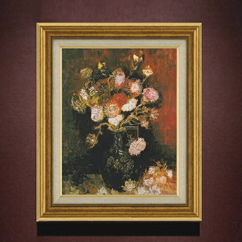 【油絵 直筆仕上げ】ゴッホ シオンとフロックスのある花瓶 F6 【アップグレード額】 絵画 販売 6号 油彩 静物画 558×467mm 複製画 送料無料 プレゼント ギフト 開店祝い 開業祝い 退職祝い 新築祝い リビング 玄関 モダン アートフレーム 壁掛け