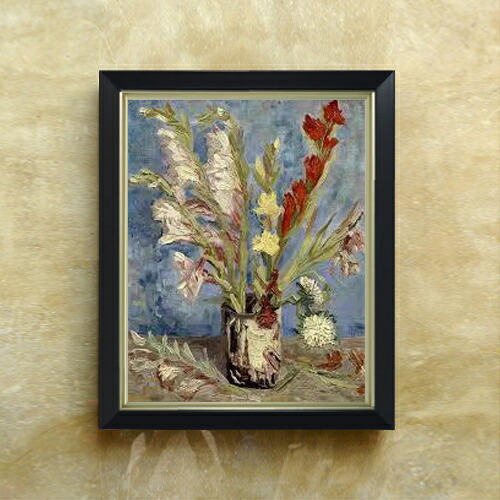 絵画 油絵　グラジョウラス 花瓶に飾られたグラジオラスの花の絵画、ヴィンテージの額入り花の油絵