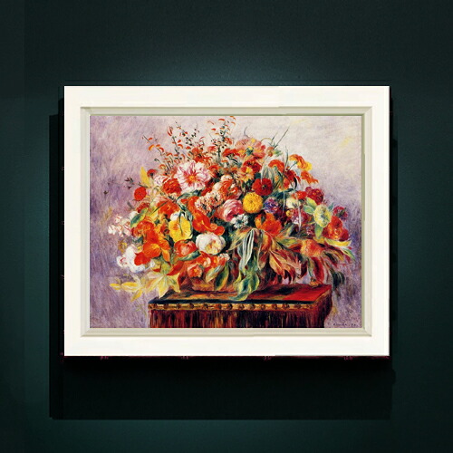 【油絵 直筆仕上げ】ルノワール バスケットの花々 F6 【シンプルフレーム】 絵画 販売 6号 油彩 静物画 440&times;348mm 複製画 送料無料 プレゼント ギフト 開店祝い 開業祝い 退職祝い 新築祝い リビング 玄関 モダン アートフレーム 壁掛け｜絵画販売アートレスト