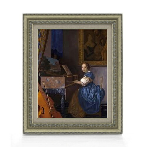 【油絵 直筆仕上げ】フェルメール ヴァージナルの前に座る女 F6 【額入り】 絵画 販売 6号 油彩 人物画 558&times;467mm 複製画 送料無料 プレゼント ギフト 開店祝い 開業祝い 退職祝い 新築祝い リビング 玄関 モダン アートフレーム 壁掛け｜絵画販売アートレスト
