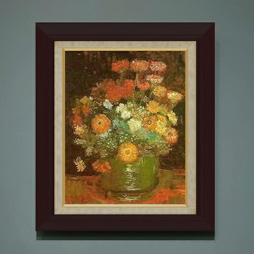 【油絵 直筆仕上げ】ゴッホ ヒャクニチソウのある花瓶 F6 【額入り】 絵画 販売 6号 油彩 静物画 556×465mm 複製画 送料無料 プレゼント ギフト 開店祝い 開業祝い 退職祝い 新築祝い リビング 玄関 モダン アートフレーム 壁掛け