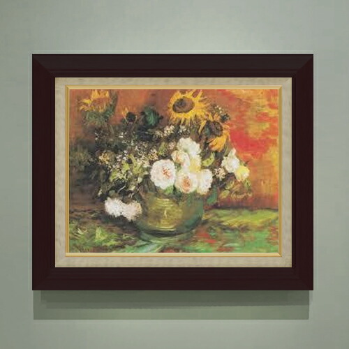 【油絵 直筆仕上げ】ゴッホ ひまわり、バラその他の花々のある器 F6 【額入り】 絵画 販売 6号 油彩 静物画 556×465mm 複製画 送料無料 プレゼント ギフト 開店祝い 開業祝い 退職祝い 新築祝い リビング 玄関 モダン アートフレーム 壁掛け|絵画販売アートレスト