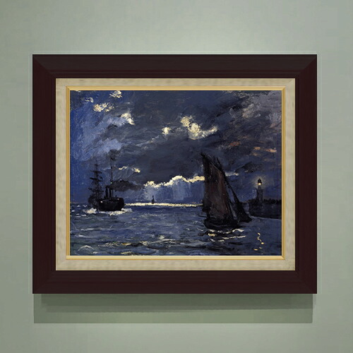 【油絵 直筆仕上げ】クロード・モネ 海景、月明かりに照らされた船 F6 【額入り】 絵画 販売 6号 油彩 抽象画 556×465mm 複製画 送料無料 プレゼント ギフト 開店祝い 開業祝い 退職祝い 新築祝い リビング 玄関 モダン アートフレーム 壁掛け|絵画販売アートレスト
