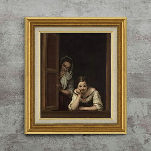 【油絵 直筆仕上げ】ムリーリョ Two Women at a Window F8 【アップグレード額】 絵画 販売 8号 油彩 風景画 596&times;522mm 複製画 送料無料 プレゼント ギフト 開店祝い 開業祝い 退職祝い 新築祝い リビング 玄関 モダン アートフレーム 壁掛け｜絵画販売アートレスト