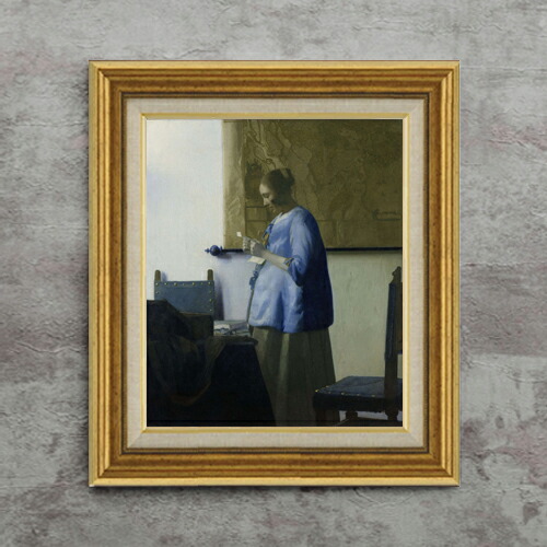 【油絵 直筆仕上げ】フェルメール 青衣の女 F8 【アップグレード額】 絵画 販売 8号 油彩 風景画 596×522mm 複製画 送料無料 プレゼント ギフト 開店祝い 開業祝い 退職祝い 新築祝い リビング 玄関 モダン アートフレーム 壁掛け|絵画販売アートレスト