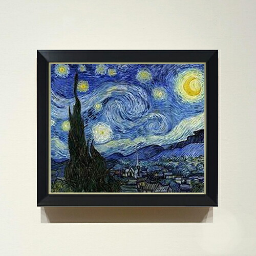 【油絵 直筆仕上げ】ゴッホ 星月夜 F8 【シンプルフレーム】 絵画 販売 8号 油彩 風景画 485×410mm 複製画 送料無料 プレゼント ギフト 開店祝い 開業祝い 退職祝い 新築祝い リビング 玄関 モダン アートフレーム 壁掛け
