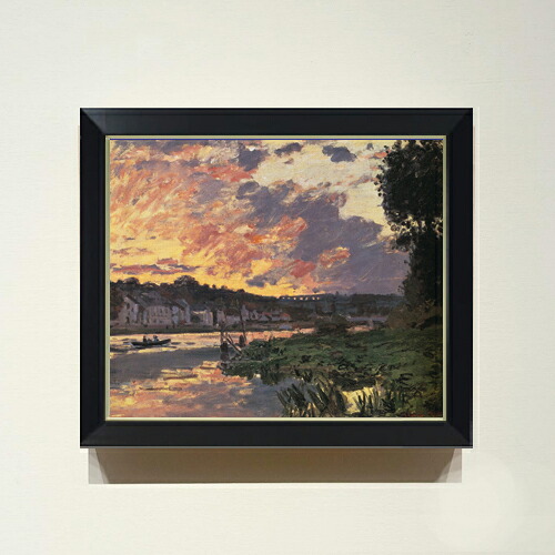 【油絵 直筆仕上げ】クロード・モネ ブジーヴァルのセーヌ川、夕暮れ F8 【シンプルフレーム】 絵画 販売 8号 油彩 風景画 485×410mm 複製画 送料無料 プレゼント ギフト 開店祝い 開業祝い 退職祝い 新築祝い リビング 玄関 モダン アートフレーム 壁掛け