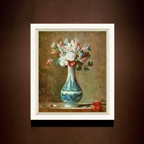 【油絵 直筆仕上げ】シャルダン 花瓶の花 F8 【シンプルフレーム】 絵画 販売 8号 油彩 風景画 485×410mm 複製画 送料無料 プレゼント ギフト 開店祝い 開業祝い 退職祝い 新築祝い リビング 玄関 モダン アートフレーム 壁掛け