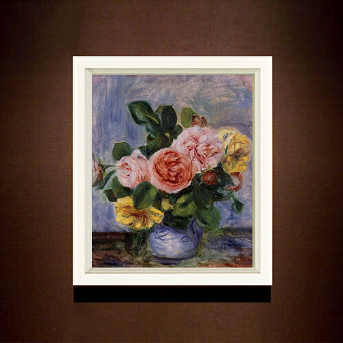 【油絵 直筆仕上げ】ルノワール バラの花瓶 F8 【シンプルフレーム】 絵画 販売 8号 油彩 風景画 485×410mm 複製画 送料無料 プレゼント ギフト 開店祝い 開業祝い 退職祝い 新築祝い リビング 玄関 モダン アートフレーム 壁掛け