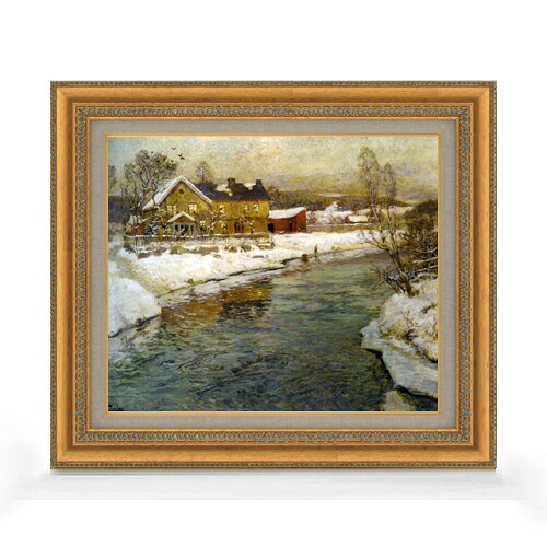 【油絵 直筆仕上げ】フリット・タヴロー 雪の中の運河コテージ F8 【額入り】 絵画 販売 8号 油彩 風景画 602×528mm 複製画 送料無料 プレゼント ギフト 開店祝い 開業祝い 退職祝い 新築祝い リビング 玄関 モダン アートフレーム 壁掛け