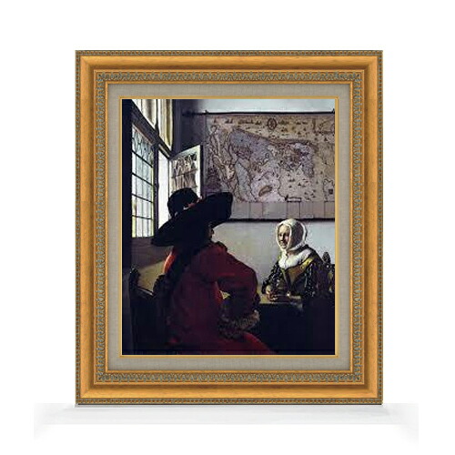 【油絵 直筆仕上げ】フェルメール 士官と笑う娘 F8 【額入り】 絵画 販売 8号 油彩 風景画 602×528mm 複製画 送料無料 プレゼント ギフト 開店祝い 開業祝い 退職祝い 新築祝い リビング 玄関 モダン アートフレーム 壁掛け|絵画販売アートレスト