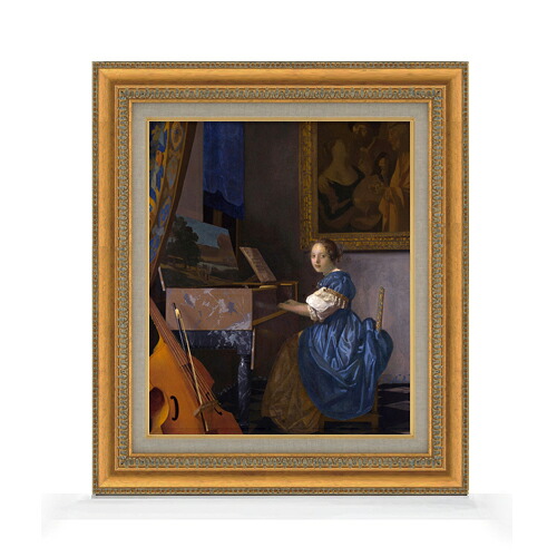 【油絵 直筆仕上げ】フェルメール ヴァージナルの前に座る女 F8 【額入り】 絵画 販売 8号 油彩 風景画 602×528mm 複製画 送料無料 プレゼント ギフト 開店祝い 開業祝い 退職祝い 新築祝い リビング 玄関 モダン アートフレーム 壁掛け