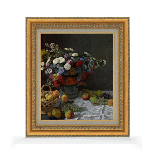 【油絵 直筆仕上げ】クロード・モネ Still Life with Flowers and Fruit F8 【額入り】 絵画 販売 8号 油彩 静物画 602×528mm 複製画 送料無料 プレゼント ギフト 開店祝い 開業祝い 退職祝い 新築祝い リビング 玄関 モダン アートフレーム 壁掛け|絵画販売アートレスト