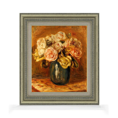 【油絵 直筆仕上げ】ルノワール Roses in a Blue Vase F8 【額入り】 絵画 販売 8号 油彩 風景画 602×528mm 複製画 送料無料 プレゼント ギフト 開店祝い 開業祝い 退職祝い 新築祝い リビング 玄関 モダン アートフレーム 壁掛け|絵画販売アートレスト