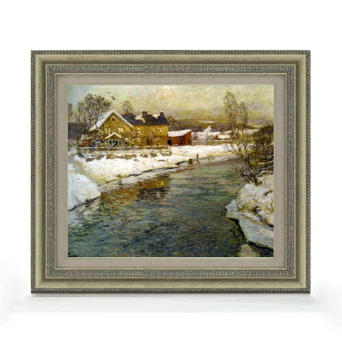【油絵 直筆仕上げ】フリット・タヴロー 雪の中の運河コテージ F8 【額入り】 絵画 販売 8号 油彩 風景画 602×528mm 複製画 送料無料 プレゼント ギフト 開店祝い 開業祝い 退職祝い 新築祝い リビング 玄関 モダン アートフレーム 壁掛け|絵画販売アートレスト