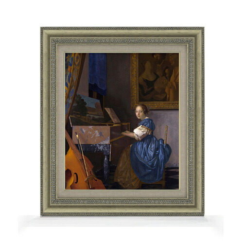 【油絵 直筆仕上げ】フェルメール ヴァージナルの前に座る女 F8 【額入り】 絵画 販売 8号 油彩 風景画 602×528mm 複製画 送料無料 プレゼント ギフト 開店祝い 開業祝い 退職祝い 新築祝い リビング 玄関 モダン アートフレーム 壁掛け|絵画販売アートレスト