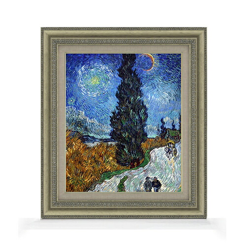 【油絵 直筆仕上げ】ゴッホ 糸杉と星の見える道 F8 【額入り】 絵画 販売 8号 油彩 風景画 602×528mm 複製画 送料無料 プレゼント ギフト 開店祝い 開業祝い 退職祝い 新築祝い リビング 玄関 モダン アートフレーム 壁掛け