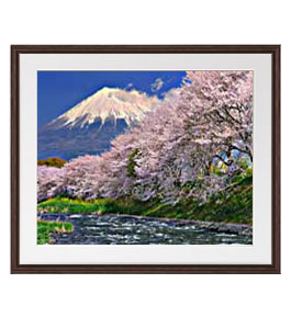 【油絵 直筆仕上げ】富士山-桜- アートフレーム：色ブラウン サイズ 額入りL 651&times;541mm 【軽量フレーム・額表面保護板】 油彩 風景画 オリジナルインテリア絵画 風水画 壁掛け｜絵画販売アートレスト