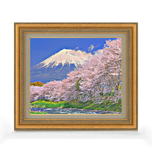 【油絵 直筆仕上げ】富士山 -桜- F8サイズ 額入り 【キャンバス・アクリル/額入り】 油彩 風景画 オリジナル絵画リビング 風水画 602×528mm 複製画 送料無料 プレゼント ギフト 開店祝い 開業祝い 退職祝い 新築祝い リビング 玄関 モダン アートフレーム 壁掛け