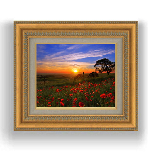 【油絵 直筆仕上げ】夕焼けの花畑　 F3サイズ 額入り　【キャンバス・額縁】　油彩　風景画　オリジナルインテリア絵画　風水画　422×370mm　複製画 送料無料 プレゼント ギフト 開店祝い 開業祝い 退職祝い 新築祝い リビング 玄関 モダン 壁掛け