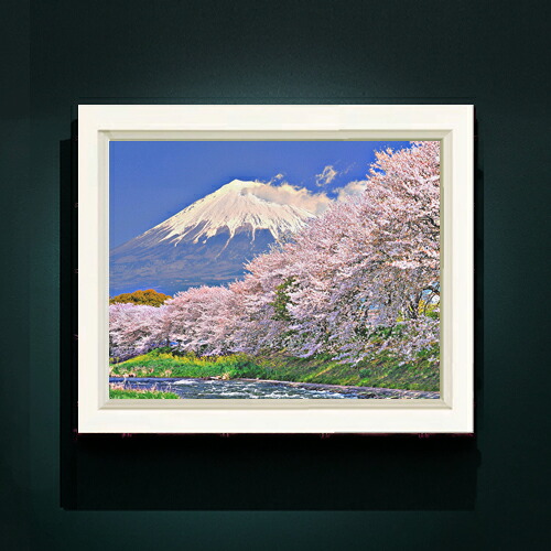 【油絵 直筆仕上げ】富士山 -桜- F6サイズ 額入り 【アップグレードフレーム】 油彩 風景画 オリジナルインテリア絵画 風水画 476&times;384mm 複製画 送料無料 プレゼント ギフト 開店祝い 開業祝い 退職祝い 新築祝い リビング 玄関｜絵画販売アートレスト