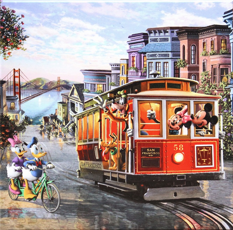【マラソン限定クーポン】ディズニー 絵画 トーマス キンケード「ミッキー＆ミニー/イン サンフランシスコ」作品証明書 展示用フック付 キャンバスジークレ ギャラリーラップ インテリア アート Disney 絵画インテリア【レビュー特典付き】【輸入品】｜アートショップ フォームス