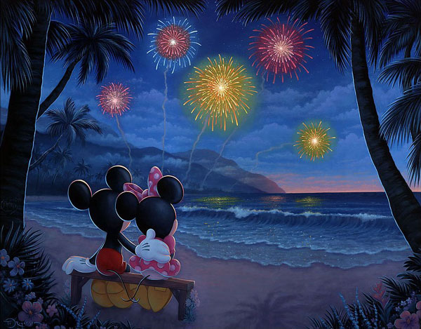 市場 ディズニー ミッキーミニー 作品証明書 夜のビーチでの花火 展示用フック付 アート