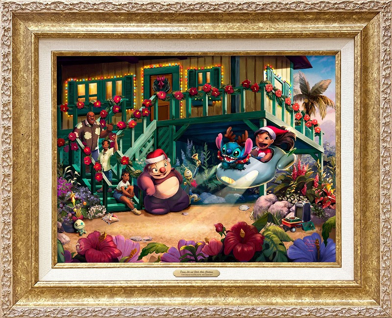 【マラソン限定クーポン】ディズニー 絵画 トーマス キンケード「リロ＆スティッチ/アロハ クリスマス」作品証明書 展示用フック付 キャンバスジークレ CC インテリア アート Disney 絵画インテリア【レビュー特典付き】【輸入品】