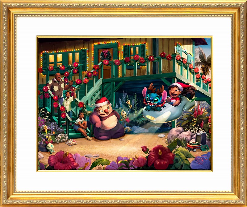 【マラソン限定クーポン】ディズニー 絵画 トーマス キンケード「リロ＆スティッチ/アロハ クリスマス」額縁2種選択可 作品証明書 展示用フック付 アートプリントポスター インテリア アート Disney 絵画 輸入品【レビュー特典付き】