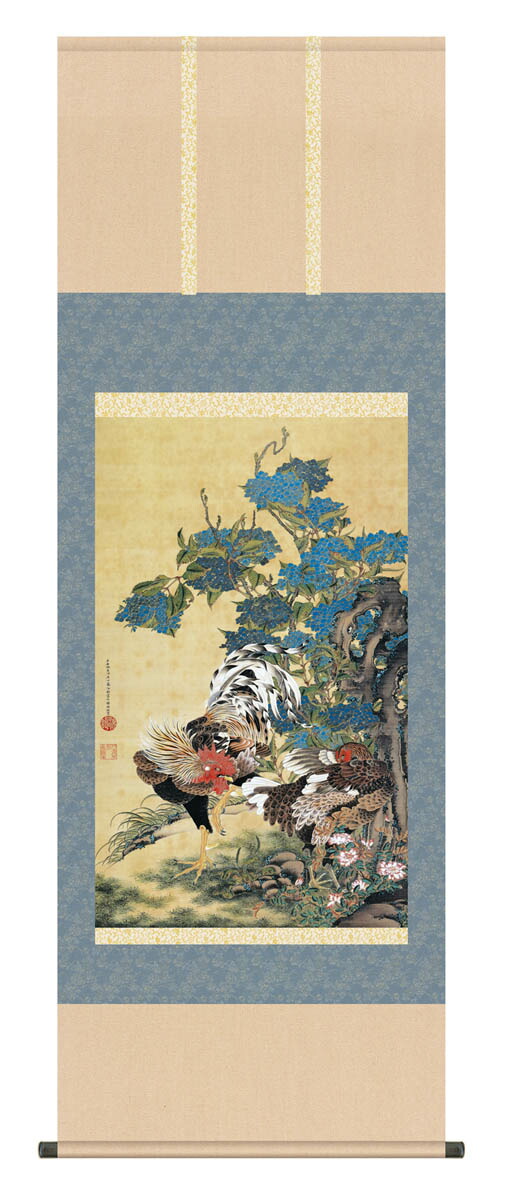 鶏と花の日本画風掛軸(画:近藤樵仙) 鶏と花の日本画風掛軸(画:近藤樵仙) Yahoo!オークション -「近藤