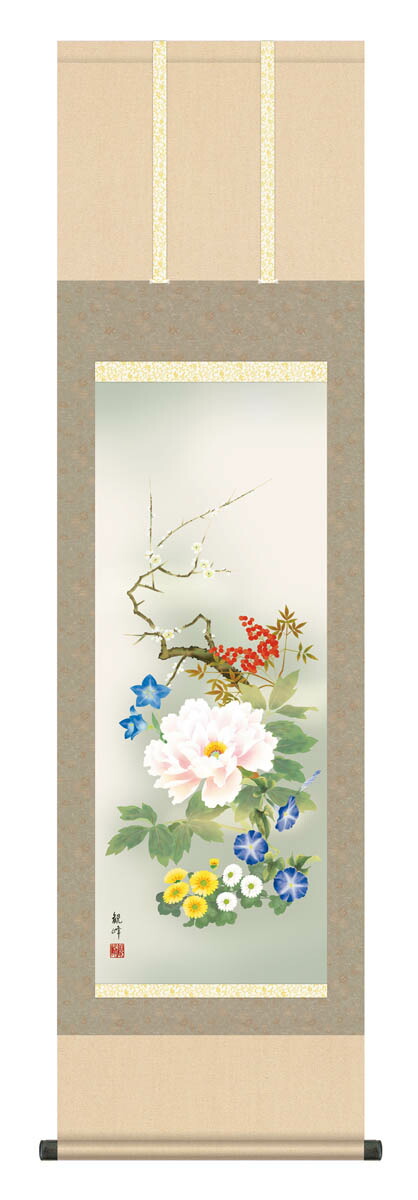 北山歩生　朧月紅白梅　掛け軸　掛軸　新品送料無料 楽天市場】掛け軸 花鳥画 春掛け 北山歩生「朧月紅白梅」掛軸 高