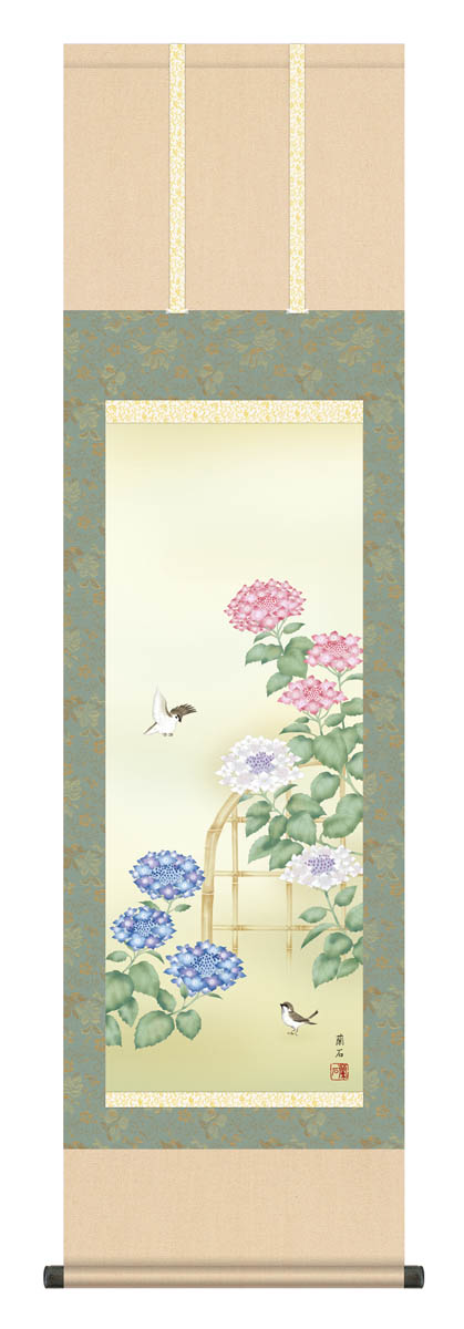 【マラソン限定クーポン】掛け軸 花鳥画 夏掛け 高見蘭石「紫陽花」掛軸 高精彩巧芸画 プレゼント ギフト 各種お祝い 誕生日 インテリア アート 日本画