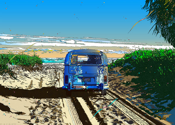 「あさのしお」■鈴木英人-版画(額装版画)■旧車・ビーチ■E.M.グラフ(ジクレー) 2000年|アートウィズ・ギャラリー