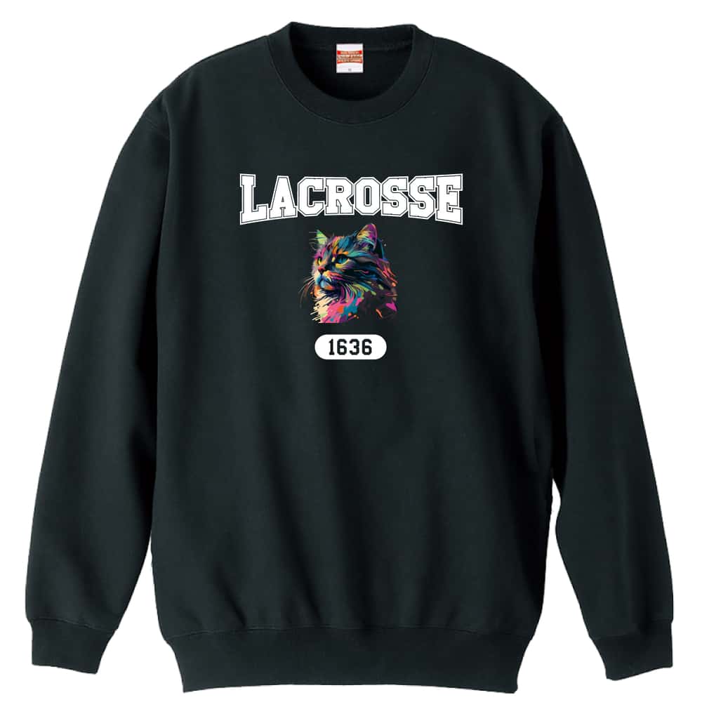＼10%OFFクーポン／ ラクロス トレーナー スウェット メンズ レディース ジュニア 裏パイル 練習着 おもしろ 名入れ おしゃれ 文字入れ無料 綿100% キッズ 大きいサイズ 「レトロなレインボー猫とラクロスロゴ」 アートワークスコウベ 【送料無料】