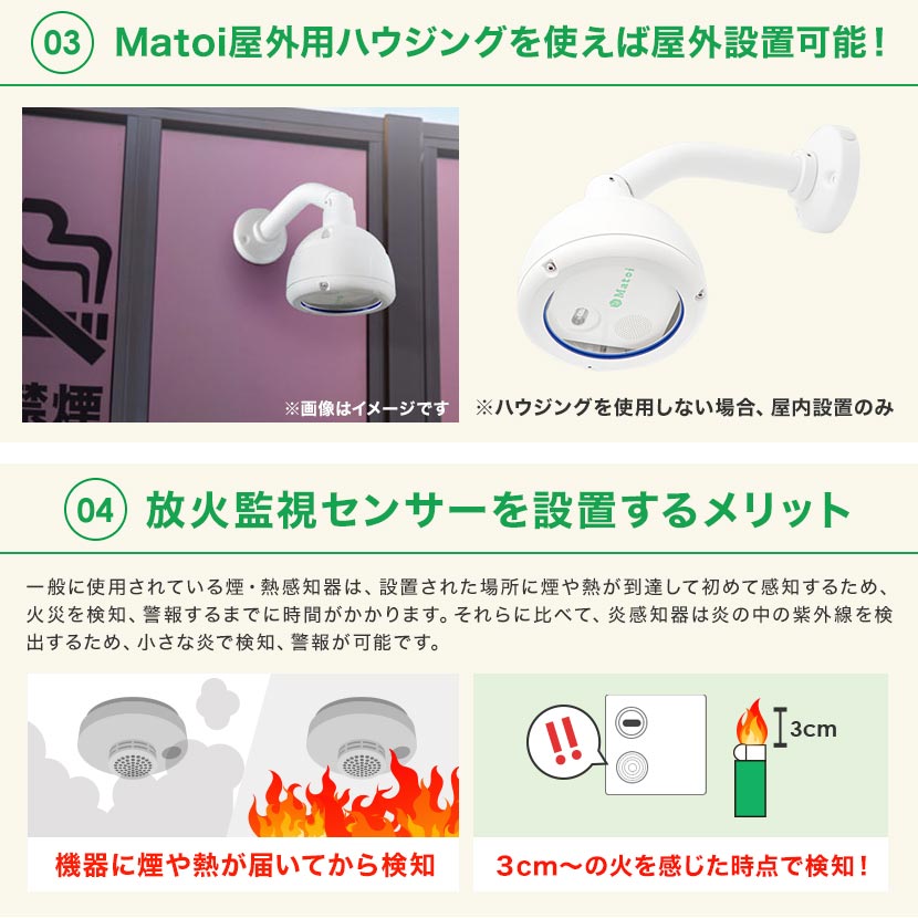 送料無料 炎センサー 電源 紫外線検出 Uvs 06cn Matoi マトイ 設置 簡単 炎 火 感知 放火 火災 監視 出火 火事 煙草 タバコ 検知 センサー 音 ピコアイ 互換性 警報 防災 火気厳禁 簡易 故意 ゴミ置き場 倉庫 病院
