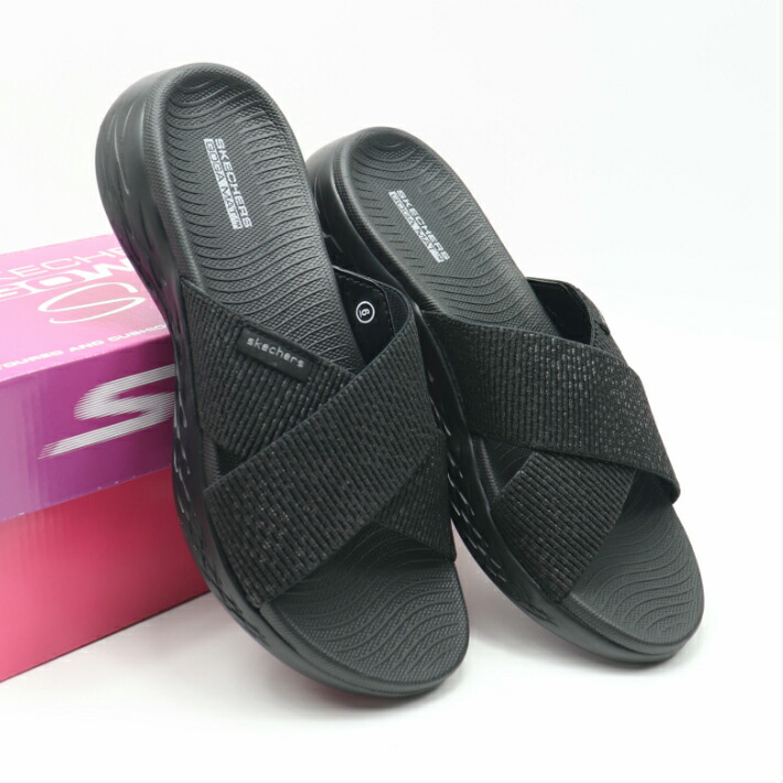 楽天市場 スケッチャーズ レディース オン ザ ゴー 600 グリスニング ブラック Skechers W On The Go 600 Glistening Sandal Black サンダル 黒 スライド Go On